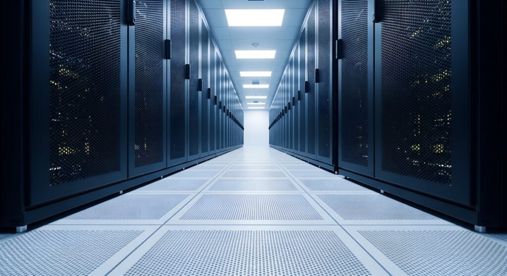 Long dark server room corridor with rows of computer racks data center