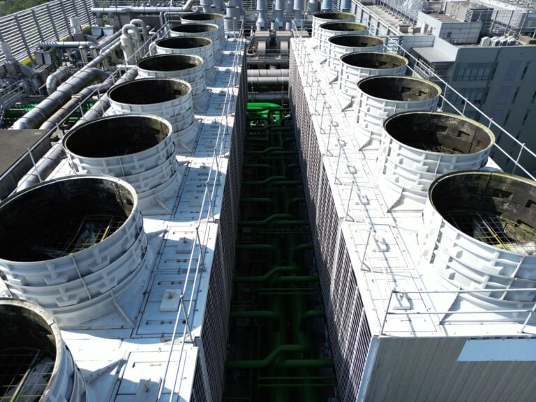 Aerial view of cooling towers for AI data center servers.