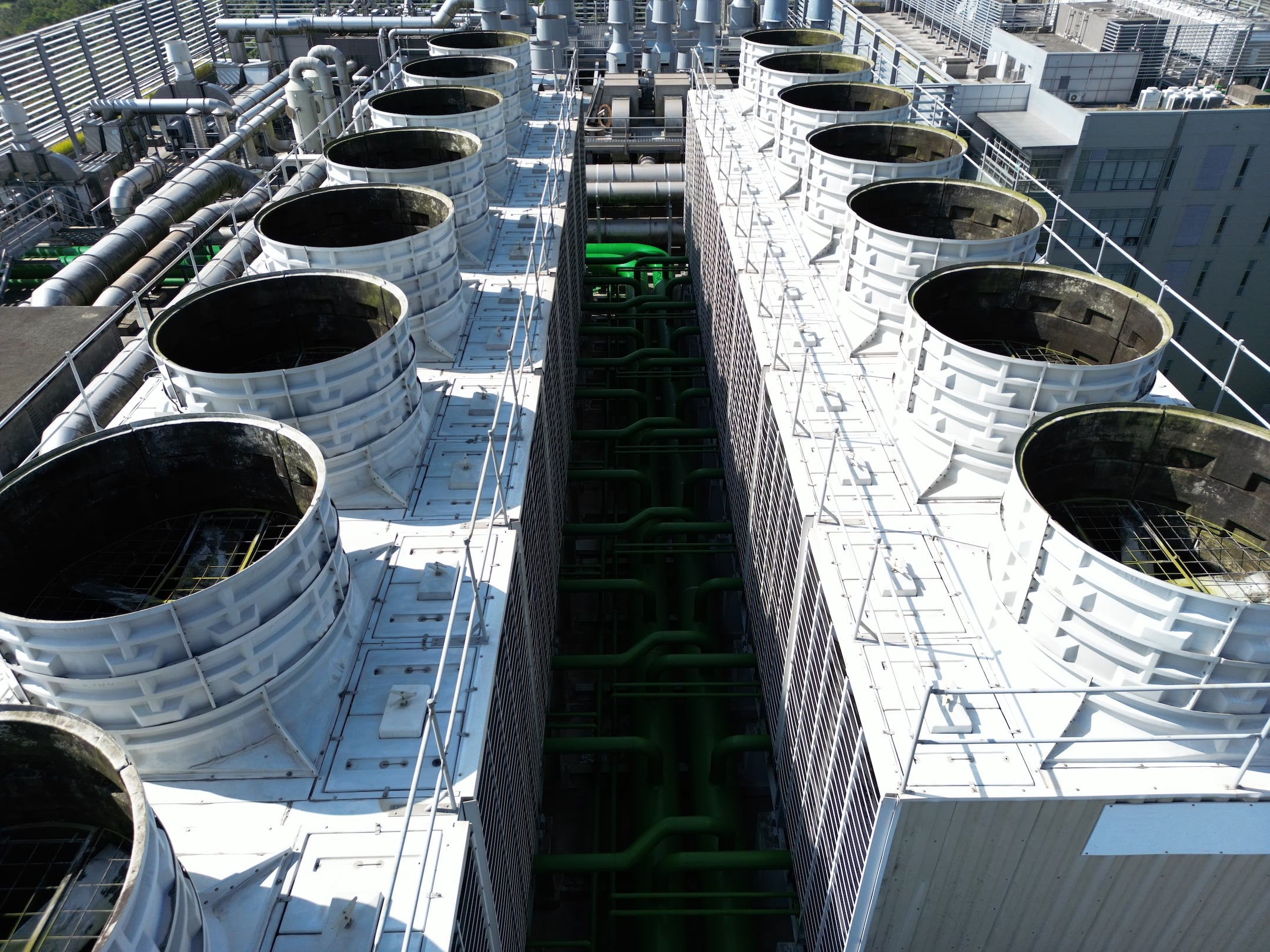 Aerial view of cooling towers for AI data center servers.