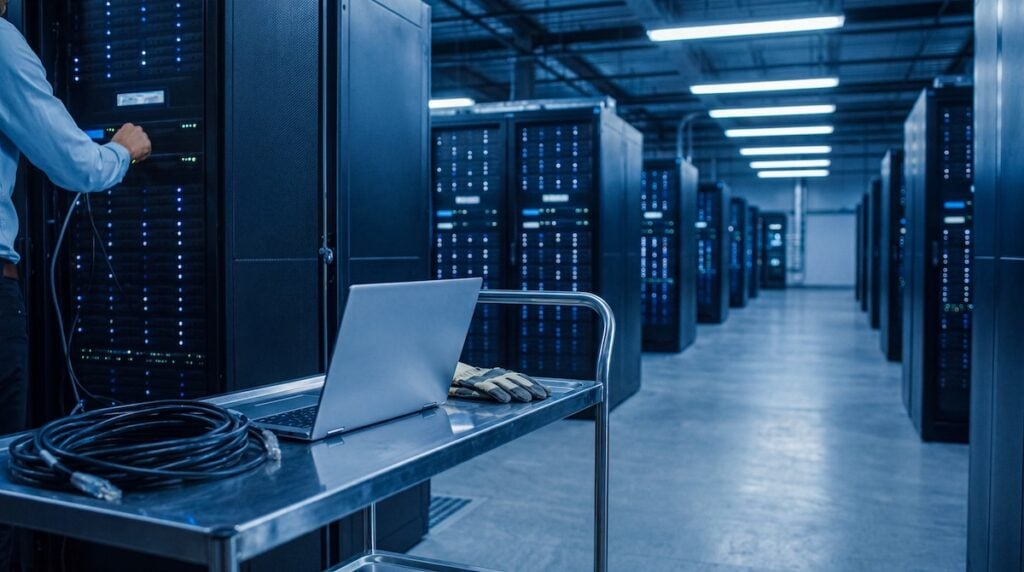 IT engineer performing maintenance on server racks in a large modern data center aisle with a laptop cart.