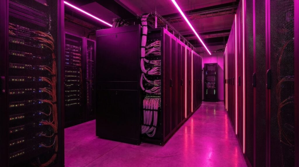 technology data center with telecom server racks illuminated by pink neon light