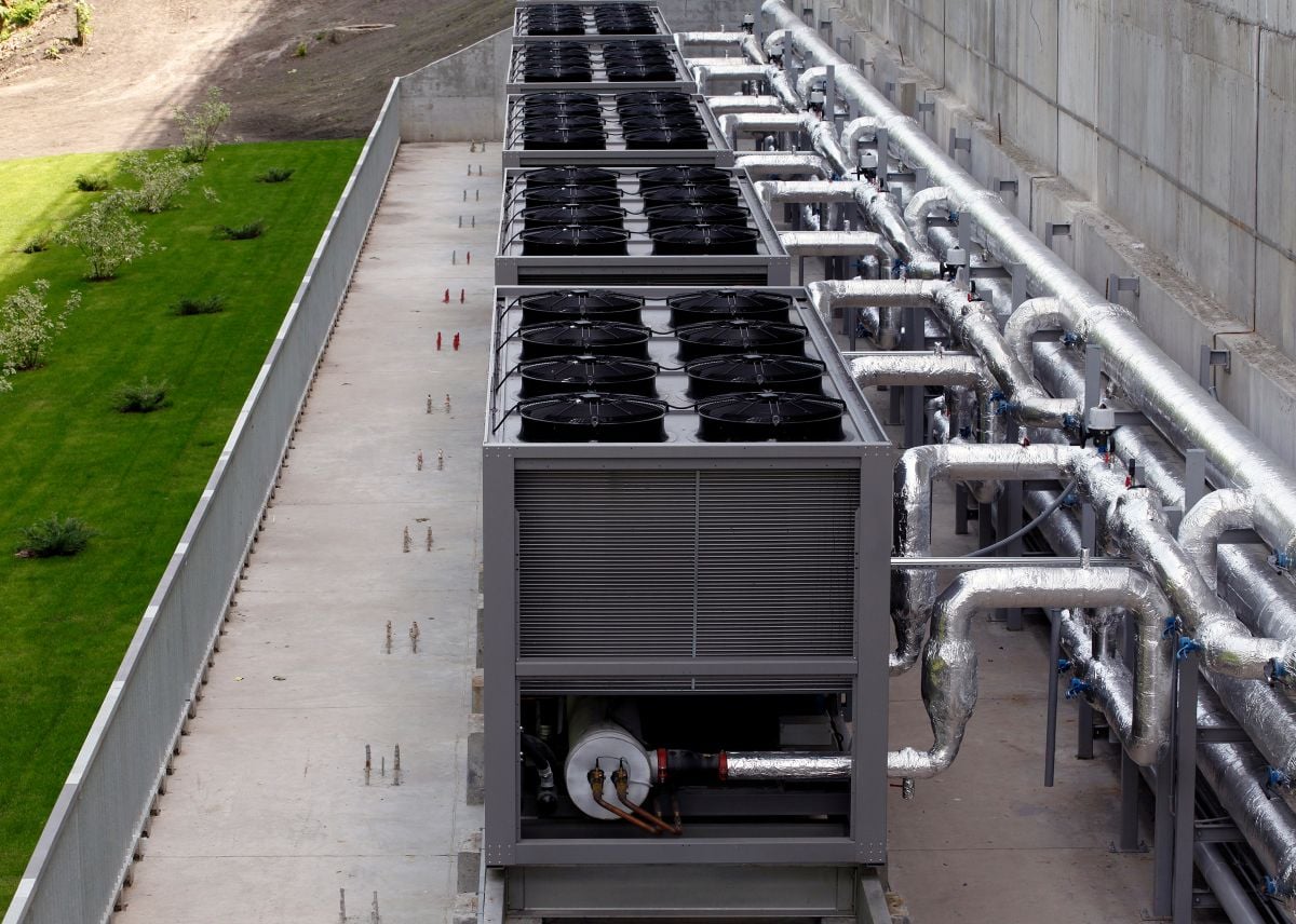 Air chiller. Sets of cooling towers in data center building.