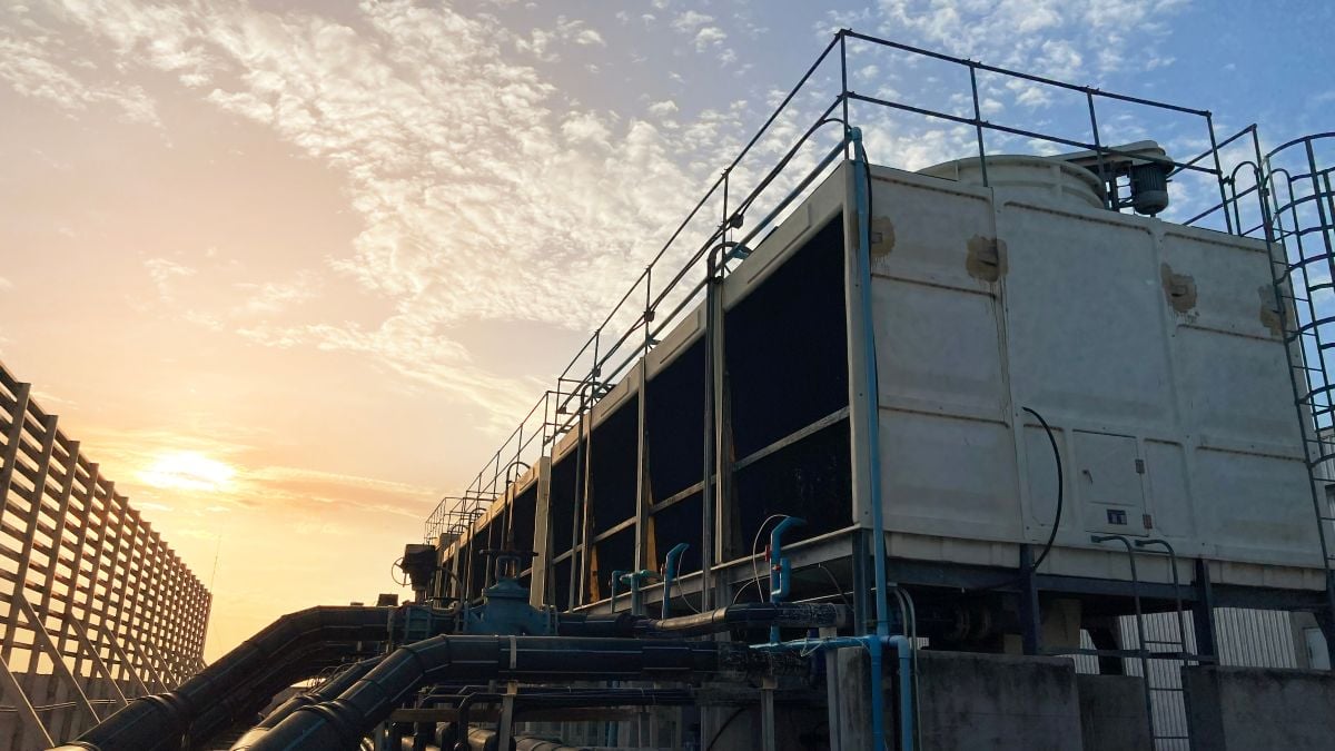 Cooling tower set in a large building
