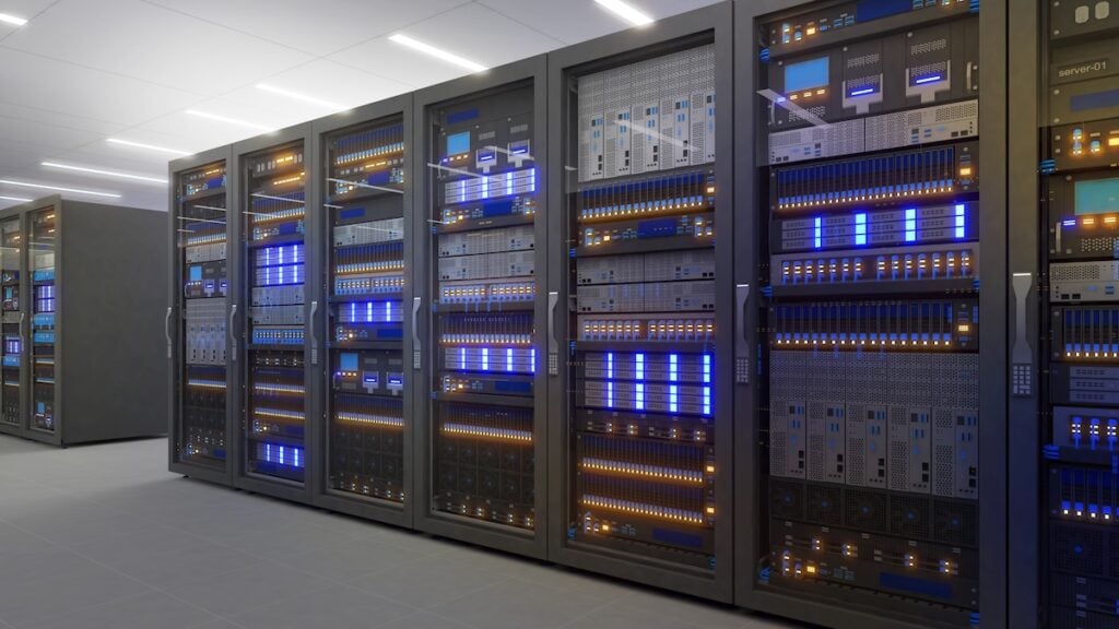 Black storage and processing unit, large AI processing server room, data center storage ing system,3D rendering