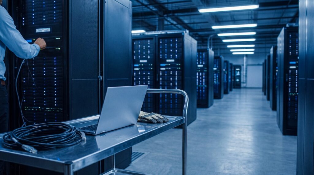  technician connecting cables and working on server racks within a vast, secure data center environment.