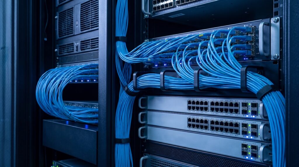 A detailed close-up image of server racks in a data center, highlighting neatly bundled blue network cables.