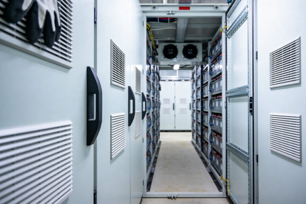 crac unit A long corridor inside a facility filled with rows of battery racks and ventilation systems, suggesting power infrastructure