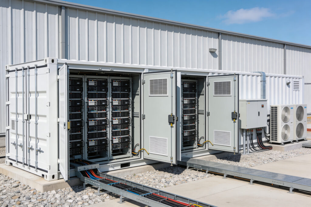immersion coolinge A row of open server racks housed within a portable shipping container, connected to external air conditioning units and power cables