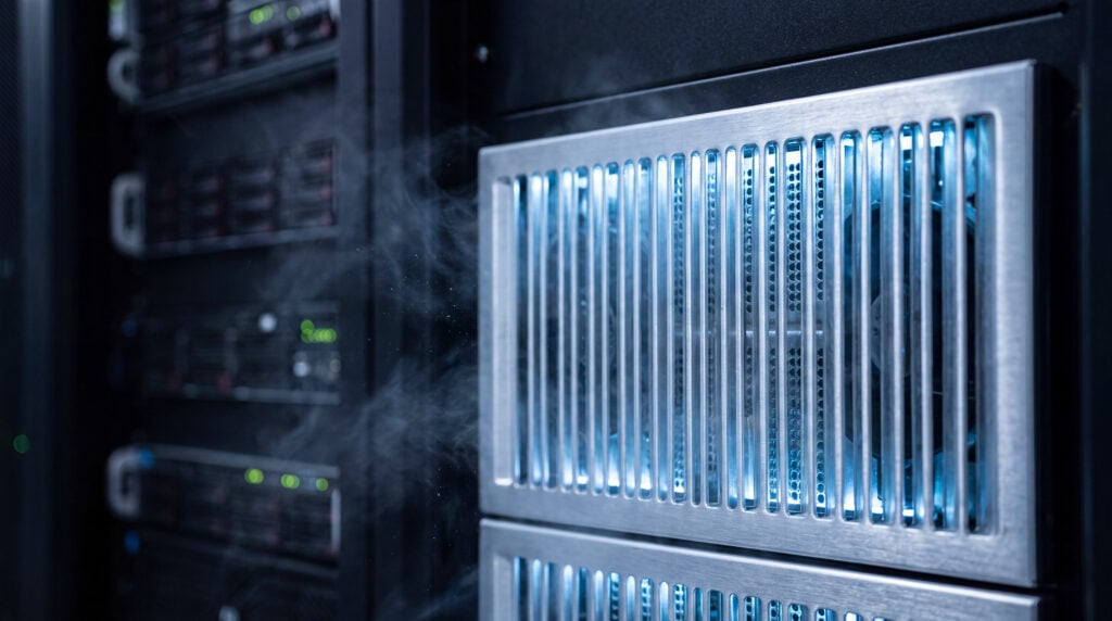 immersion coolinge Close-up of a server rack with a cooling fan emitting vapor and illuminated by blue LEDs.