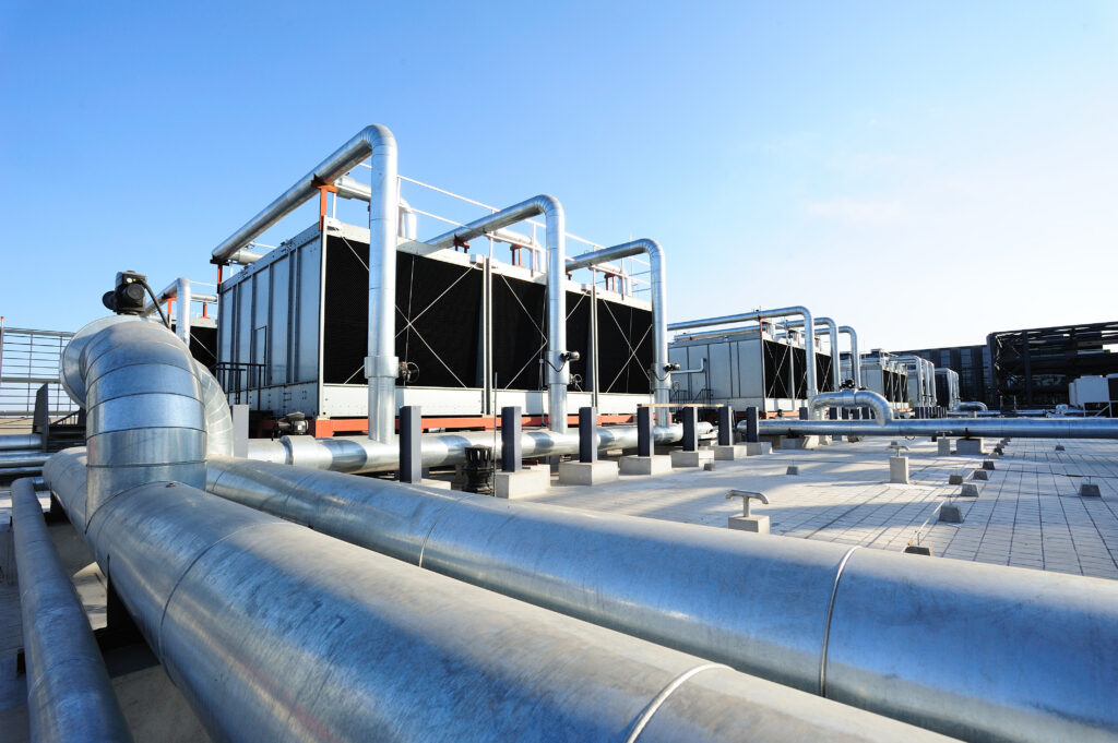 Water Cooled Chiller Sets of cooling towers in data center building.
