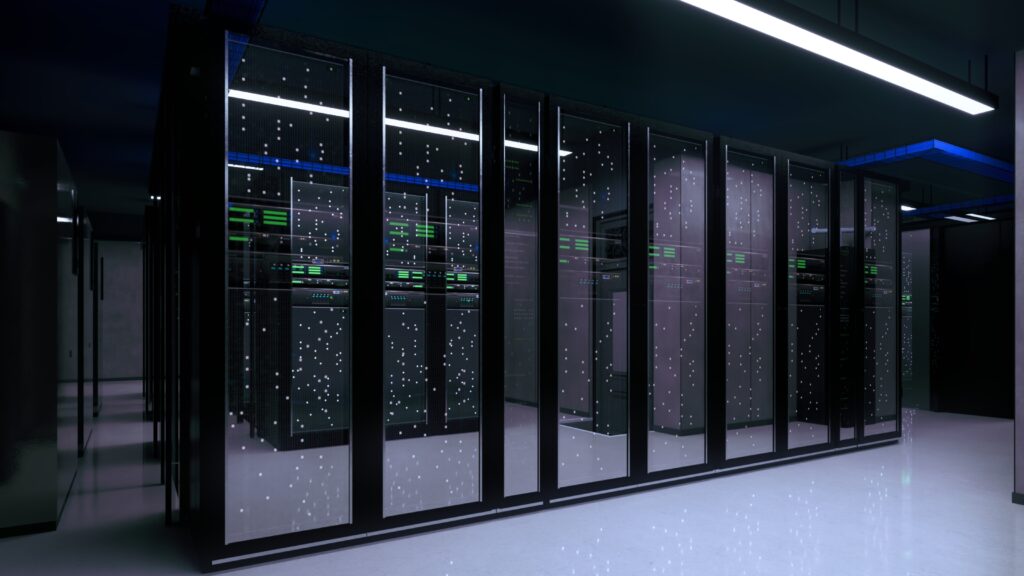 server racks view from outside of room