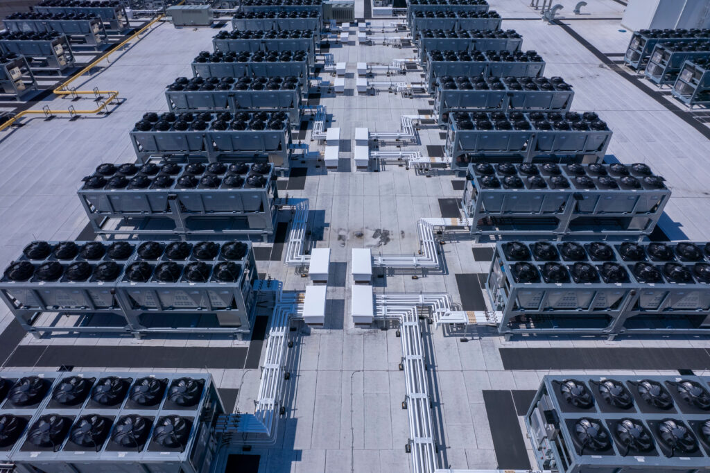 data center cooling solutions Aerial view of data center with ventilators, advanced technology cooling systems, HVAC at data center rooftop, cooling infrastructure for server operations: Toronto, Ontario, Canada - June 03, 2026